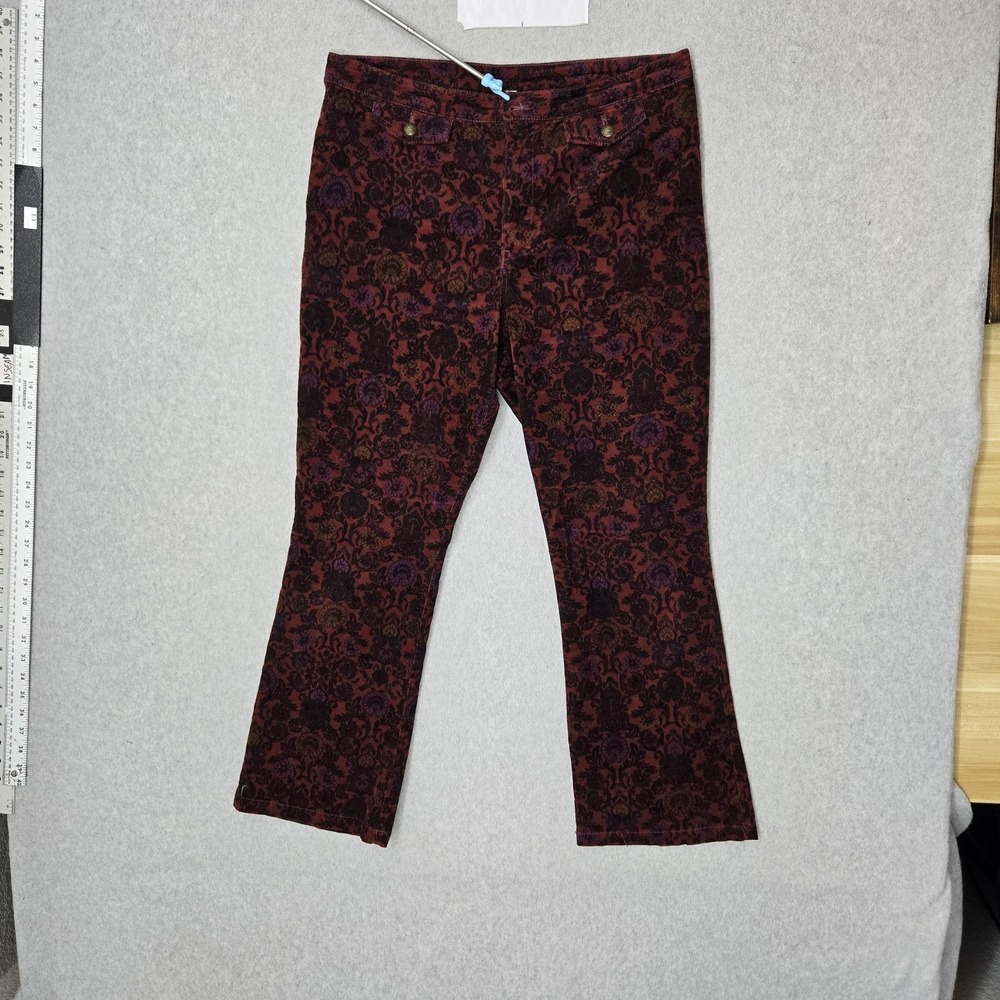 Free People Women Pants 10 Red Floral Corduroy Romantic Flare 26" Inseam READ